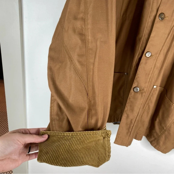 Vintage Chore Coat 90s Brown Canvas Plaid Flannel Lined Corduroy Trim Fisherman - Picture 9 of 15